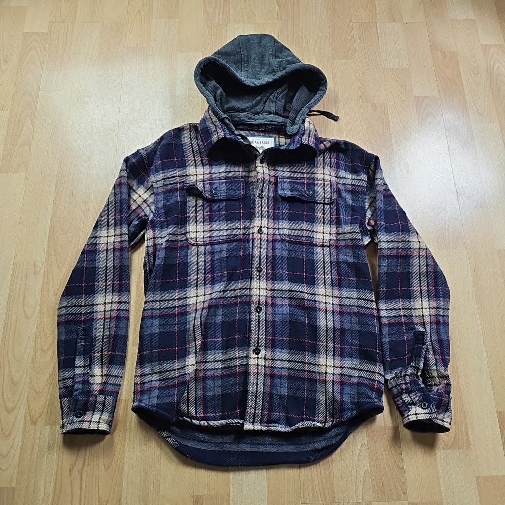 American Eagle Hoodie Mens Small Flannel Shacket Plaid Removeable Hood Button‎